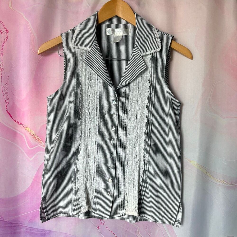 Eileen West M Gray White Stripe Button Down Blouse Top Lace Eyelet Embroidered